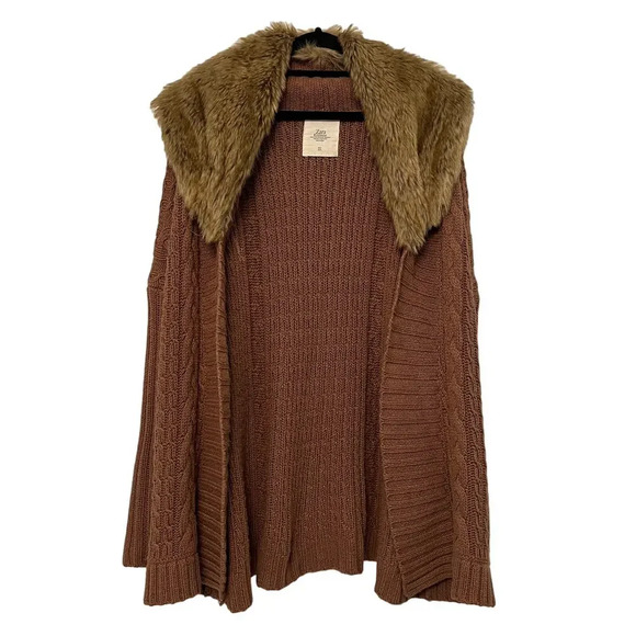 Zara Cable Knit Pennylane Cardigan Sz‎ Medium Brown Angora Blend Faux Fur Collar - Picture 1 of 8